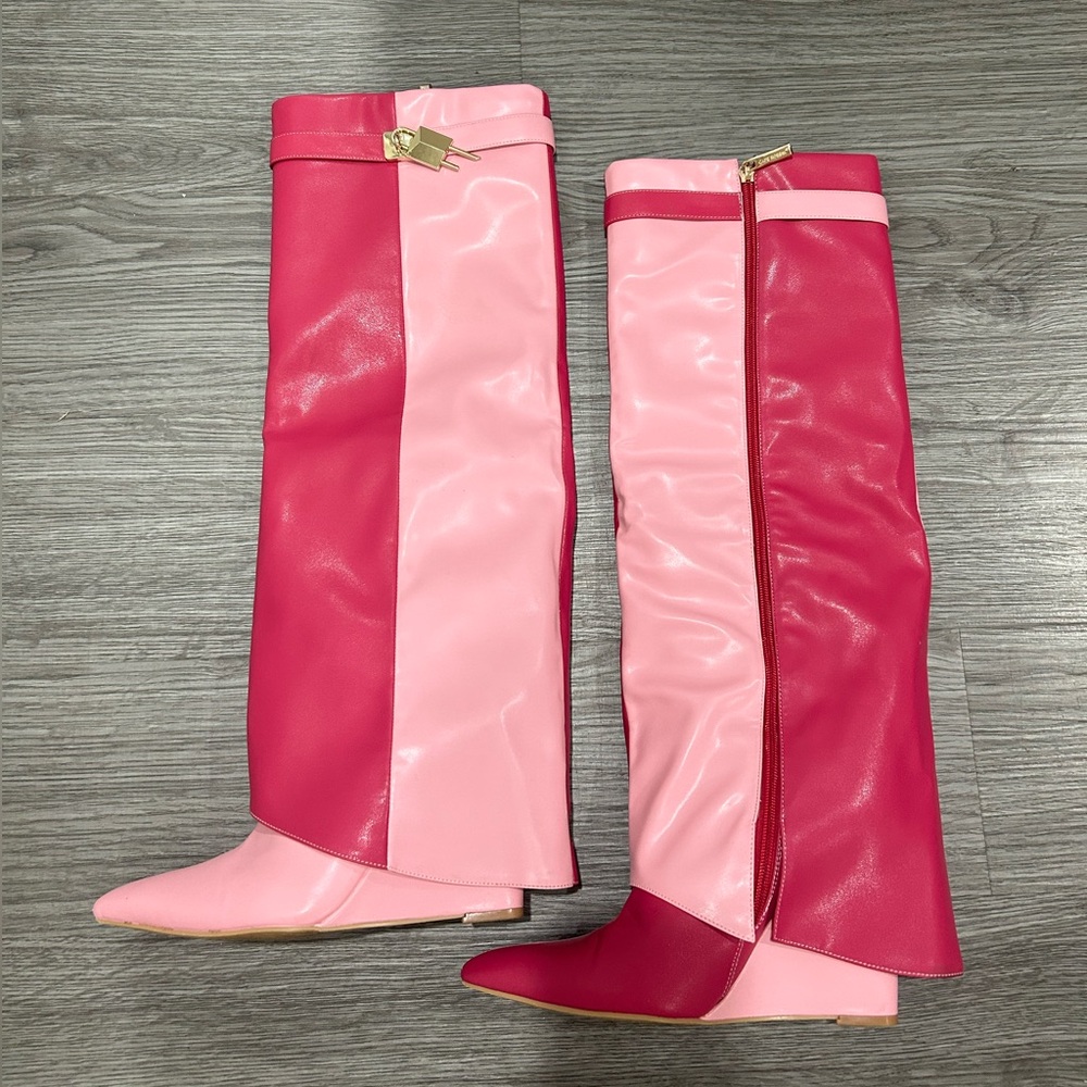 Pink Knee High Heel Boots